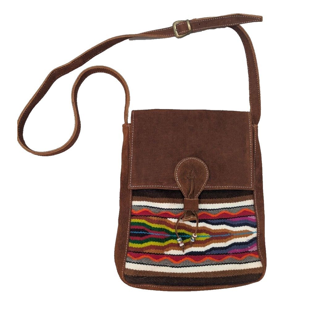 Women's‎ Taupe Leather Wool Crossbody Woven Tapestry Bag Handmade Ecuador